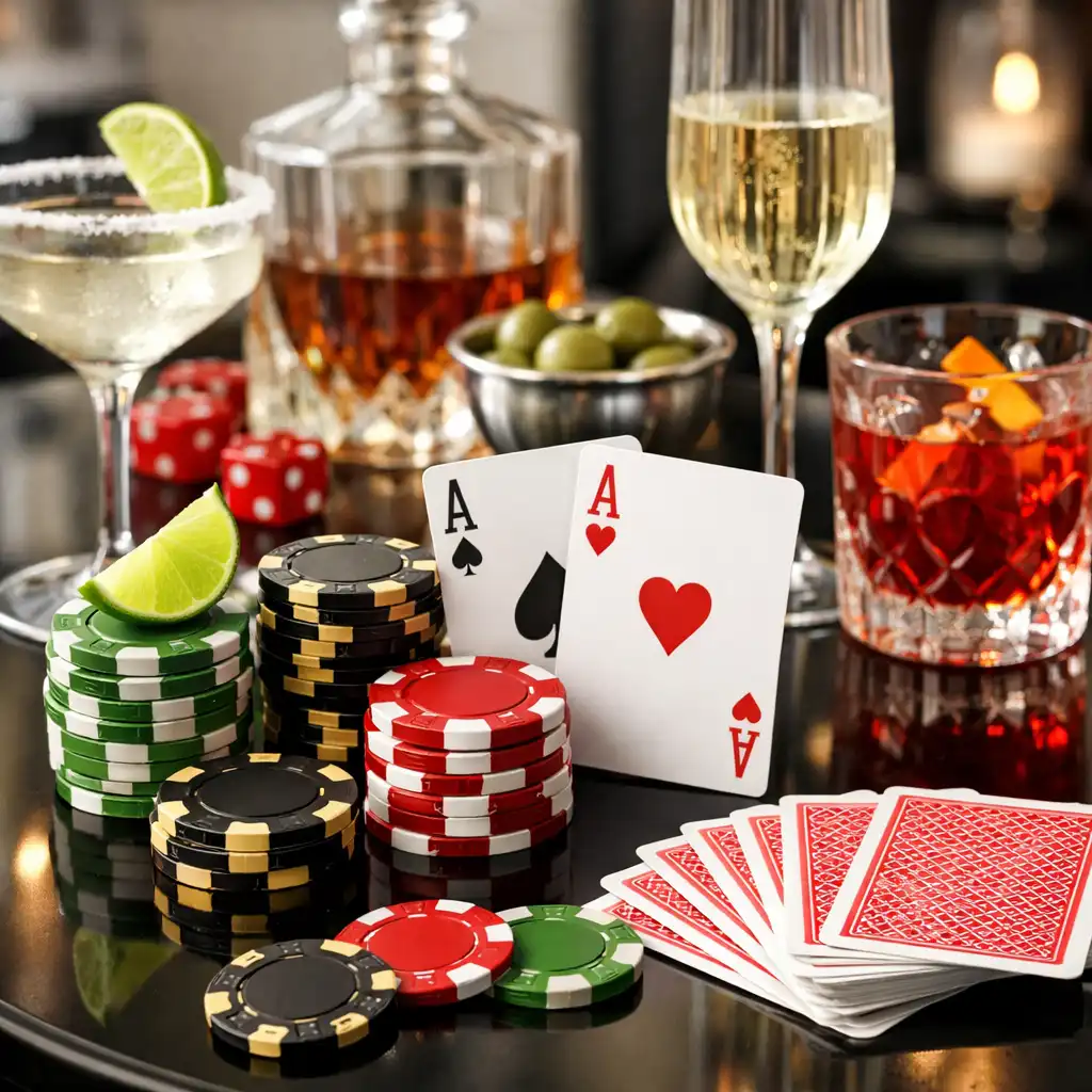 Elegantní komorní pokerový stůl s limetkovými a červenými akcenty připravený pro večerní salon