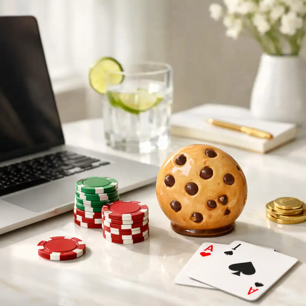 Stylizovaná kompozice žetonů a karet symbolizující cookies v elegantní kasinové atmosféře