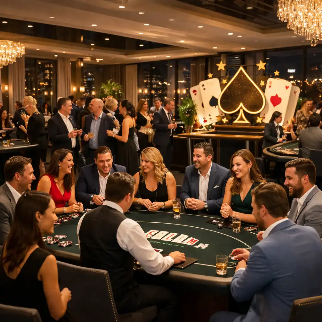 Luxusně nasvícený firemní pokerový event v kasinovém stylu