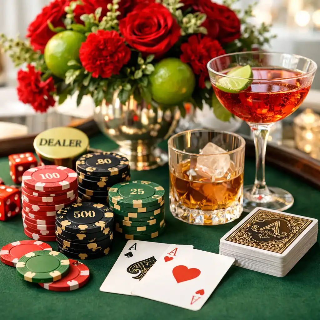 Skupina hostů u pokerového stolu v elegantním salonku během večera Praktiora
