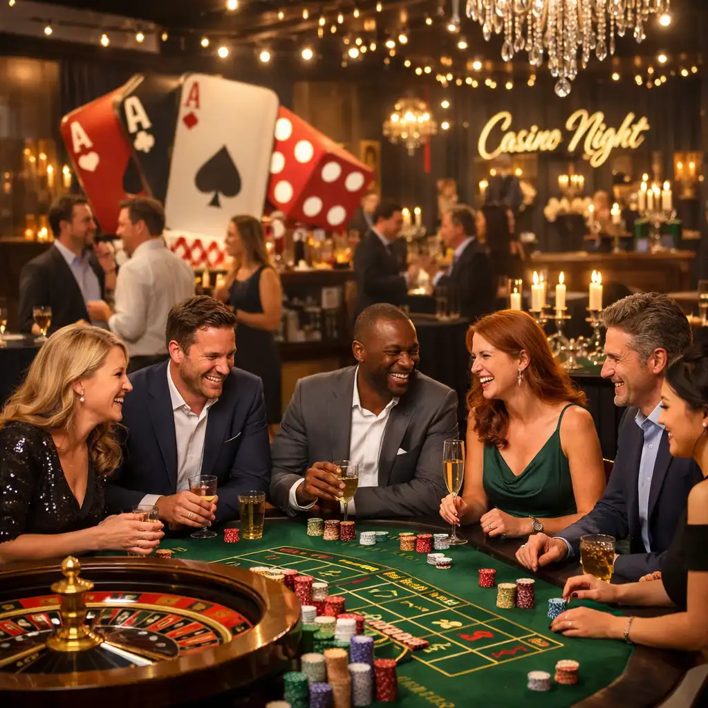 Tematická výzdoba pokerového večírku s kartami, žetony a ambientním světlem
