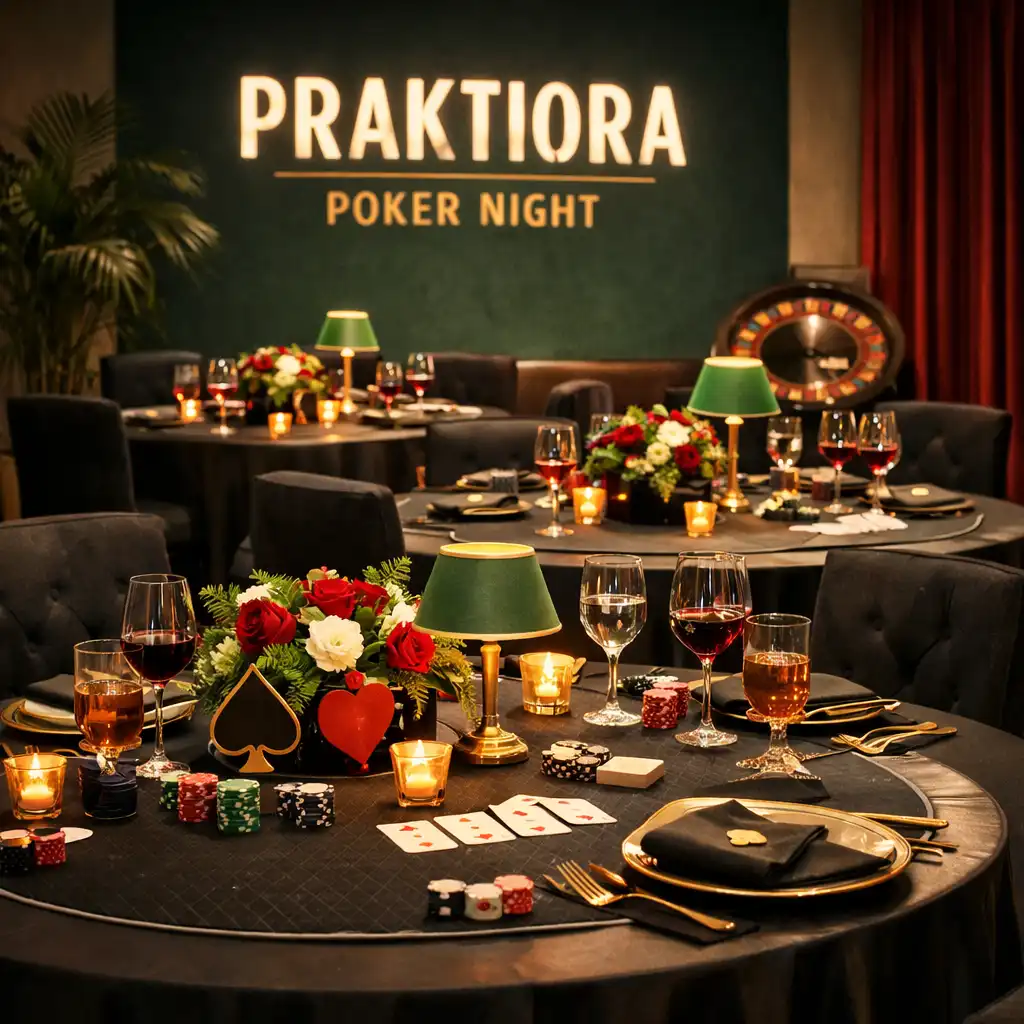 Hosté v elegantních outfitech u tematického pokerového stolu během večera Praktiora