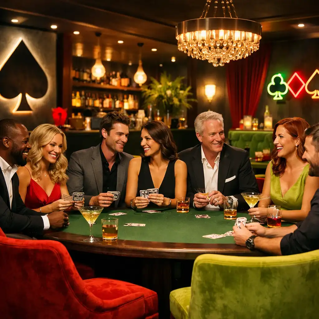 Elegantní pokerový večer s hosty u stolu v luxusní atmosféře bez skutečného hazardu