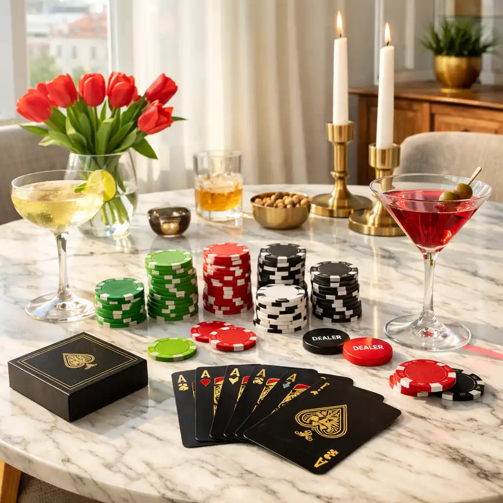 Stylově nasvícený pokerový stůl připravený pro večírek v elegantním kasinovém stylu