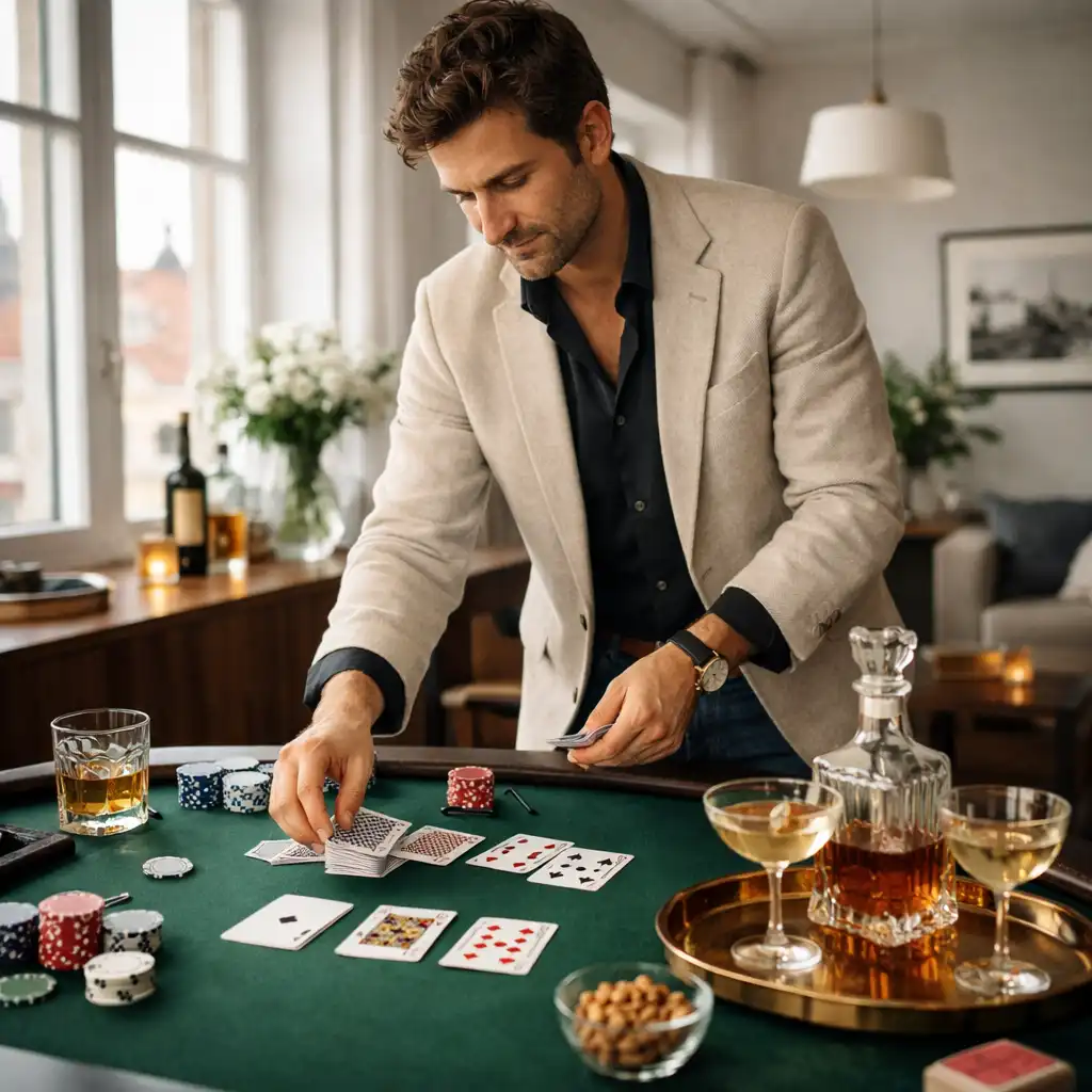 Hostitel připravuje pokerový večer, aranžuje žetony a sklenice na elegantním stole