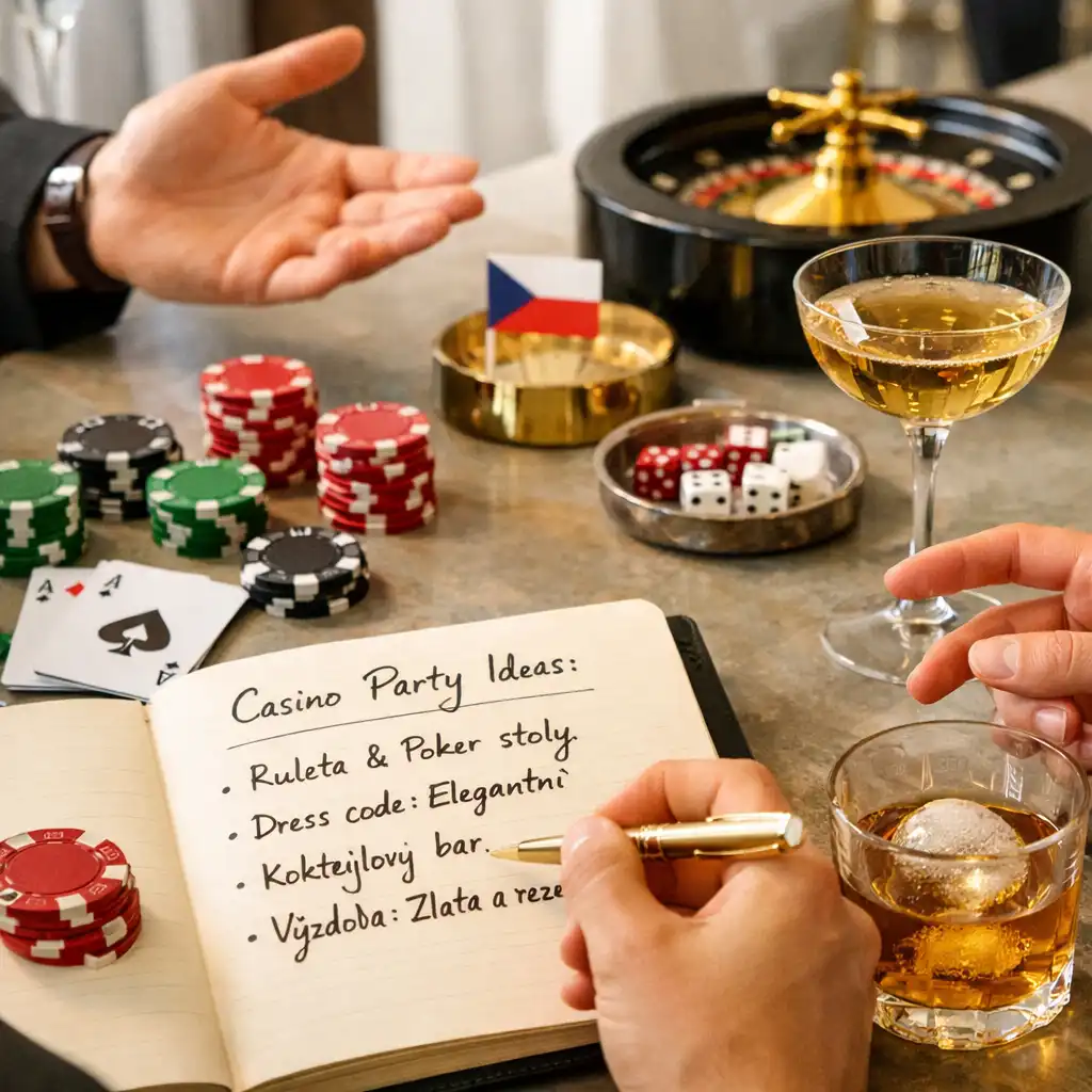 Detail tematického pokerového stolu připraveného pro společenský večer