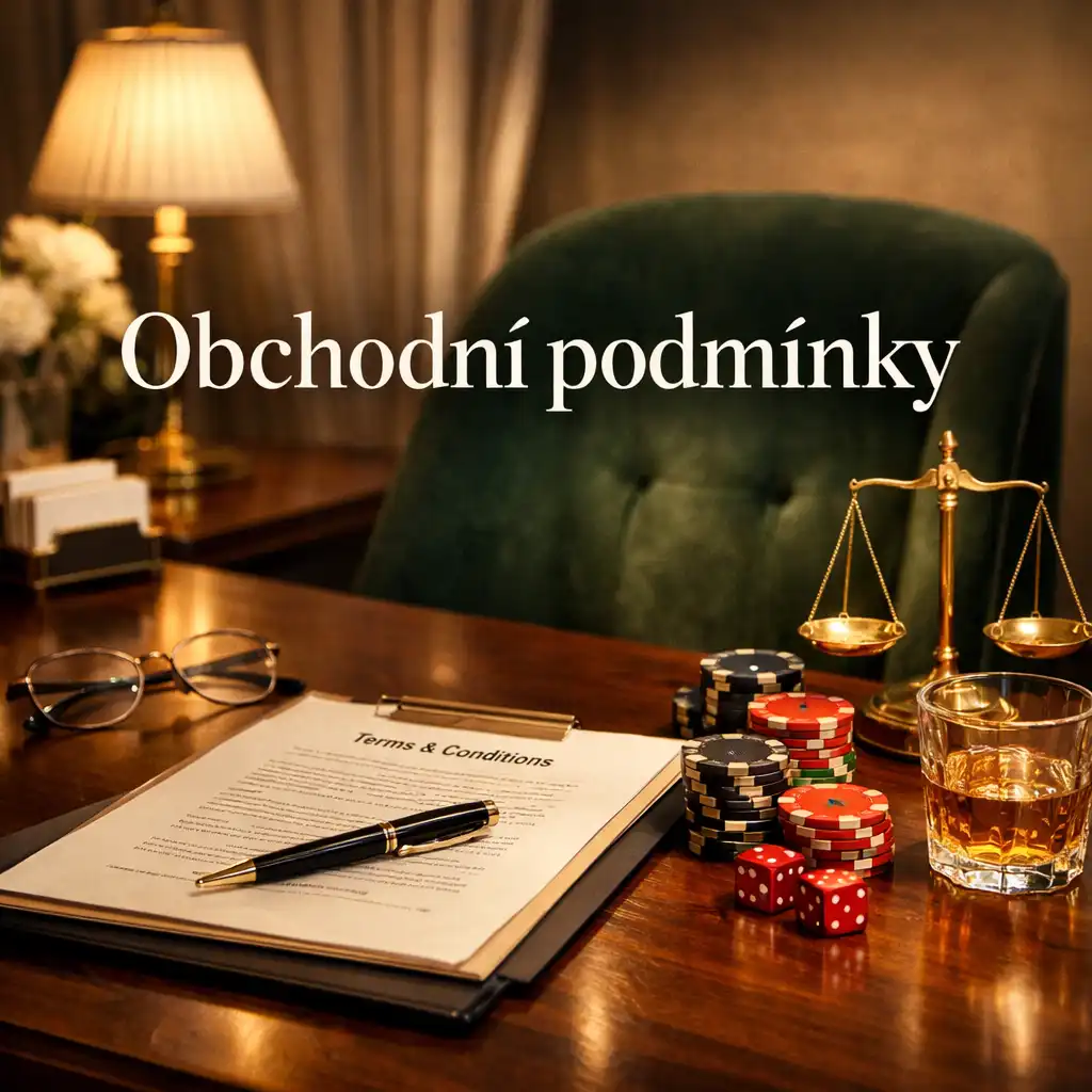 Elegantní editorial kompozice v kasinovém stylu ilustrující právní rámec a transparentní obchodní podmínky Praktiora