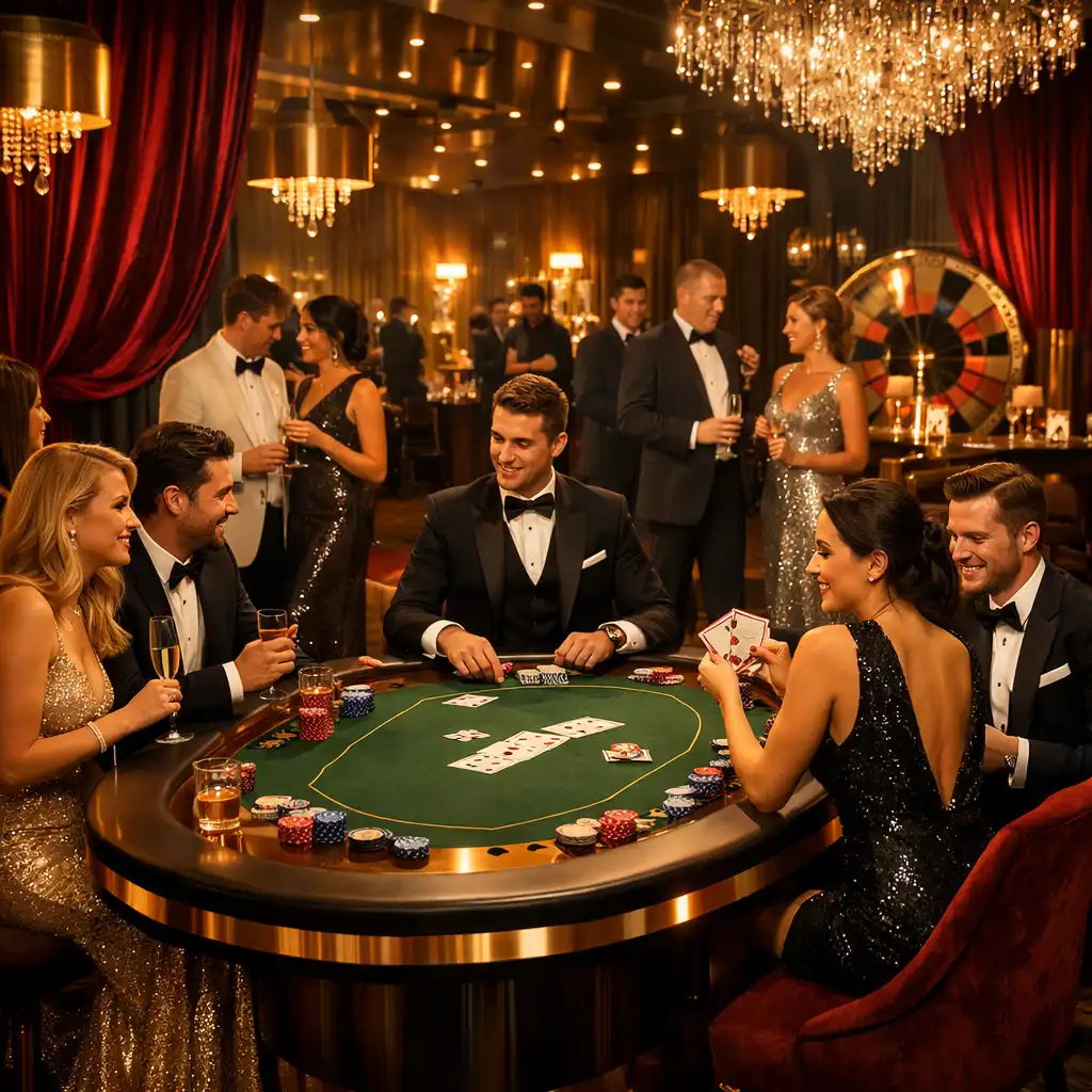 Glamour casino night s elegantními hosty a nasvícenými pokerovými stoly