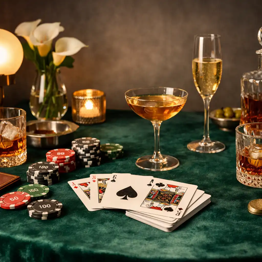 Elegantně nasvícený tematický pokerový stůl s barevnými žetony připravený na večírek