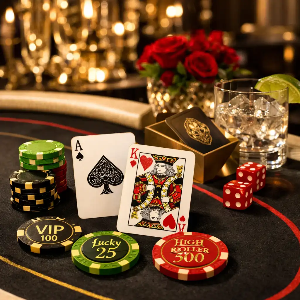 Detail tematicky prostřeného pokerového stolu s elegantní dekorací pro firemní večírek